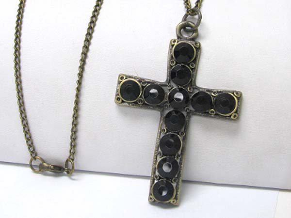 Burnish metal crystal stud cross pendant long chain necklace