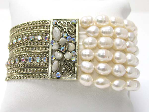 Six fresh water pearl and rhinestone and metal chain mixed stretch bracelet