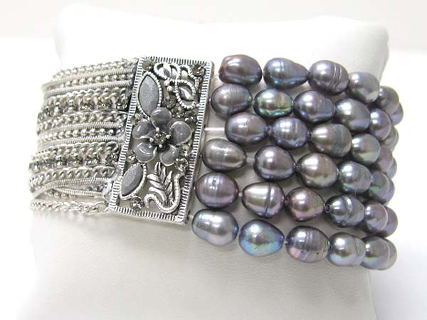 Six fresh water pearl and rhinestone and metal chain mixed stretch bracelet