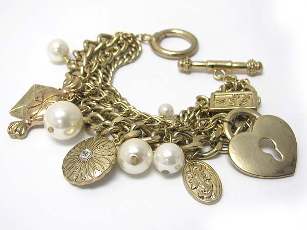 Mixed antoque charm and pearl ball dangle chain bracelet