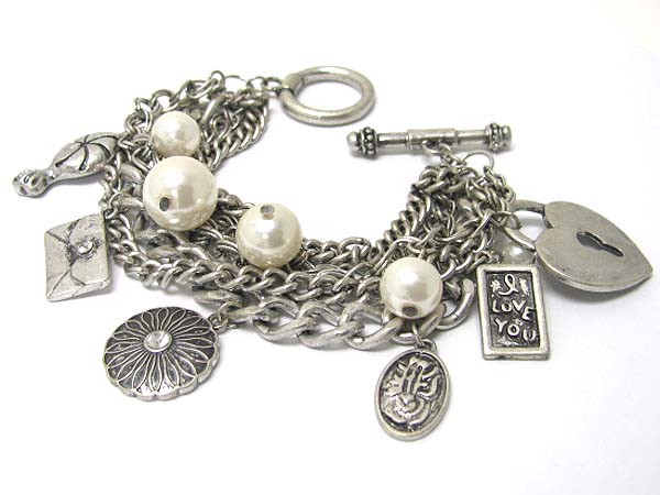 Mixed antoque charm and pearl ball dangle chain bracelet