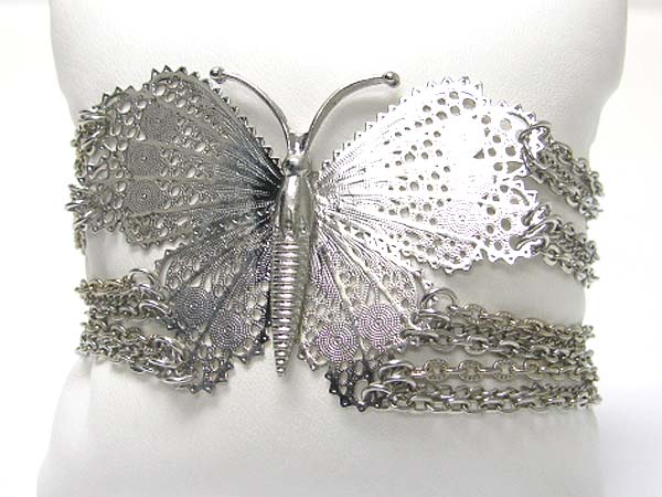 Filigree metal butterfly and multi row metal chain link bracelet