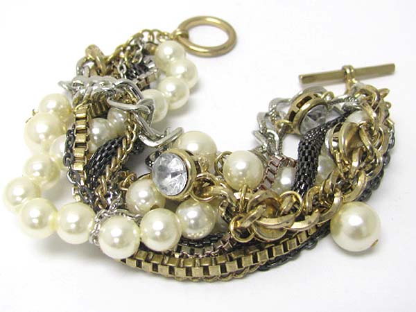 Pearl crystal and mixed metal chain tangle link bracelet