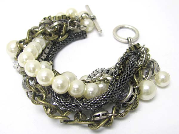 Pearl crystal and mixed metal chain tangle link bracelet