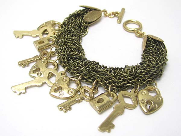 Multi key and lock charm dangle metal chain link bracelet