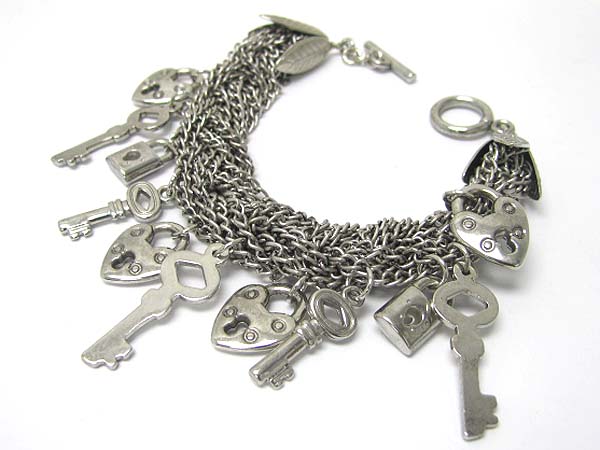 Multi key and lock charm dangle metal chain link bracelet