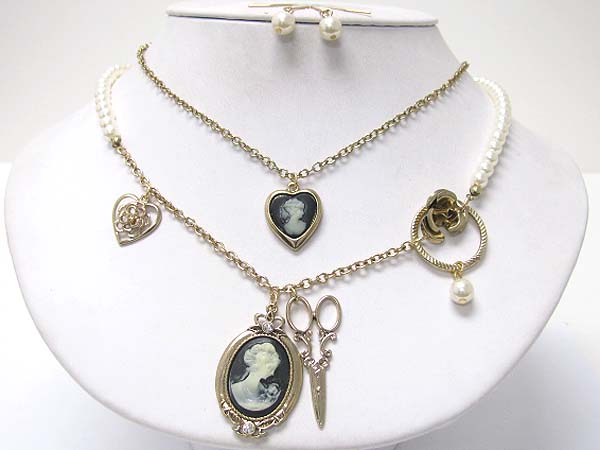 Double layer cameo pendant and scissors and pearl ring dangle necklace earring set