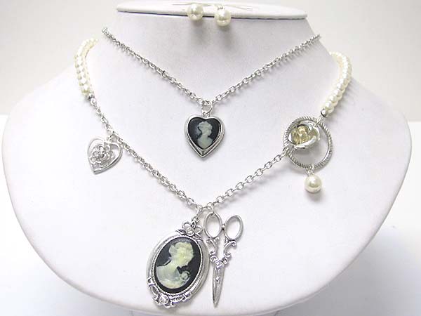 Double layer cameo pendant and scissors and pearl ring dangle necklace earring set