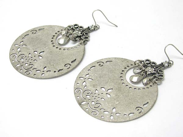 Crystal stud filigree metal round disk earring