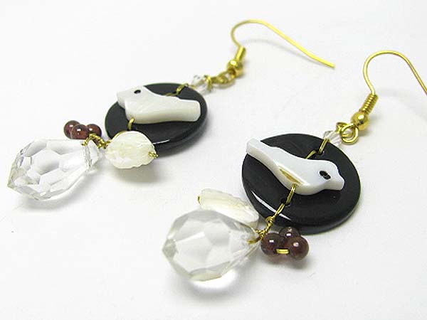 Mixed semi precious stone and bird on disk hand made earring