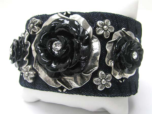 Crystal stud metal flower deco denim coil type bangle