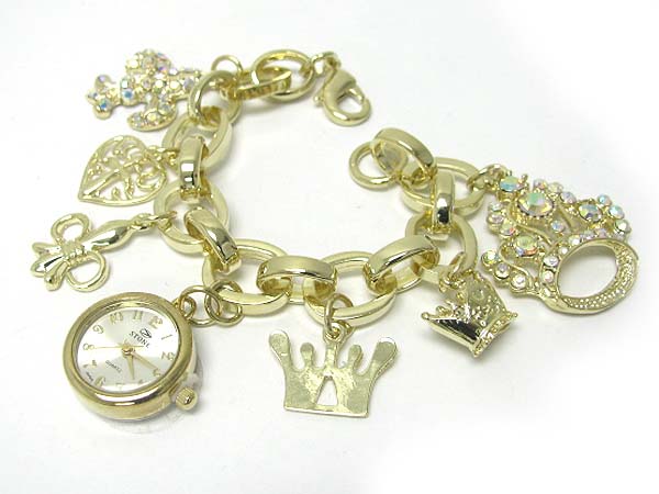 Crystal stud crown and fleur de lis charm dangle chain watch