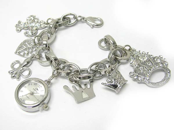 Crystal stud crown and fleur de lis charm dangle chain watch