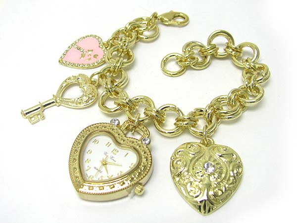 Crystal stud heart and key charm dangle chain watch