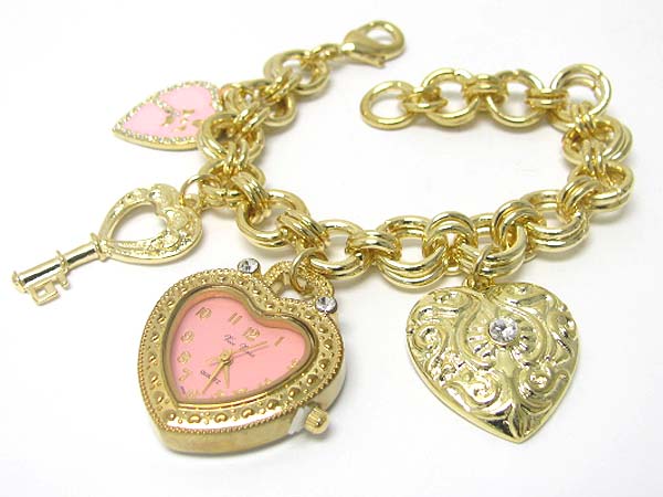 Crystal stud heart and key charm dangle chain watch