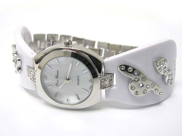 Crystal stud women out fit deco acryl and metal chain watch