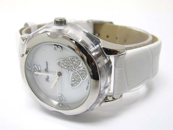 Crystal butterfly deco acryl and leather band watch