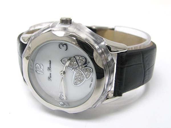 Crystal butterfly deco acryl and leather band watch