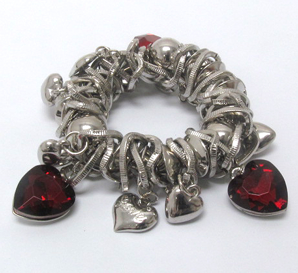 Multi crystal heart charm dangle stretch bracelet -valentine