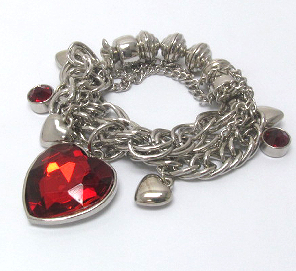 Multi crystal heart charm dangle chain and stretch bracelet -valentine