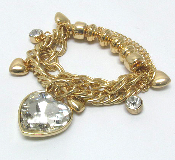 Multi crystal heart charm dangle chain and stretch bracelet