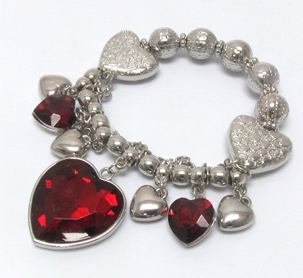 Multi crystal heart charm dangle stretch bracelet -valentine