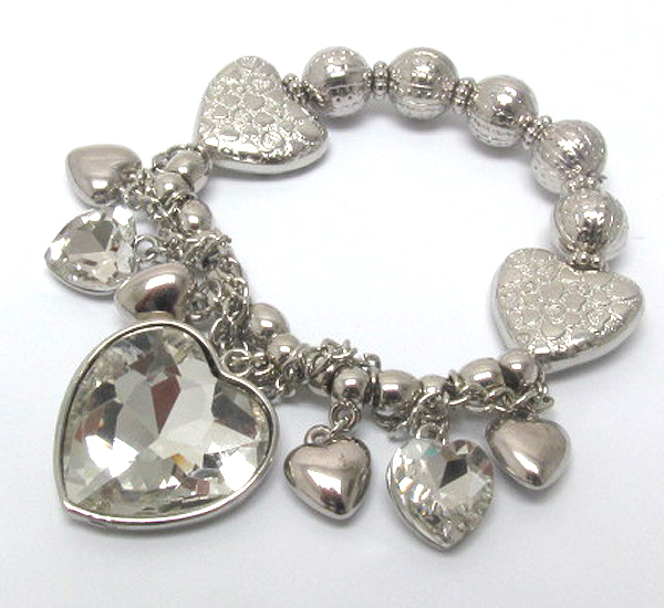 Multi crystal heart charm dangle stretch bracelet -valentine