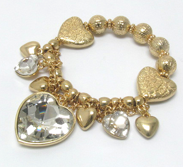 Multi crystal heart charm dangle stretch bracelet