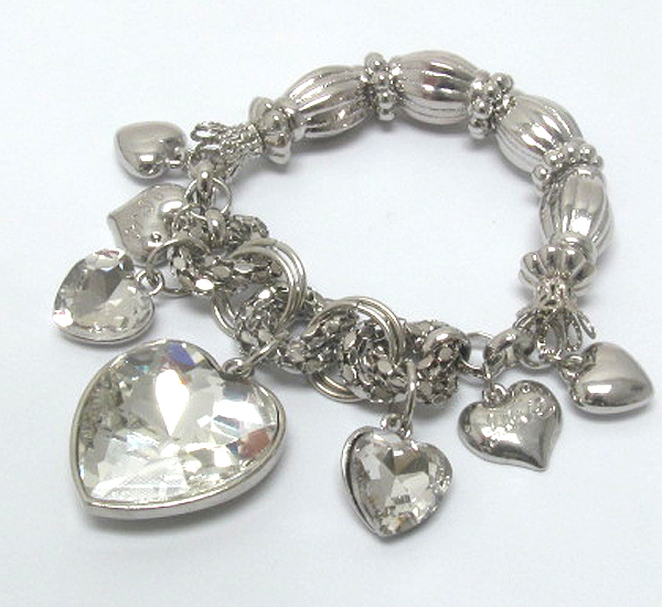 Multi crystal heart charm dangle stretch bracelet -valentine