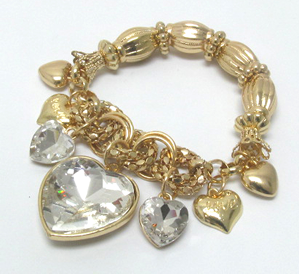 Multi crystal heart charm dangle stretch bracelet -valentine