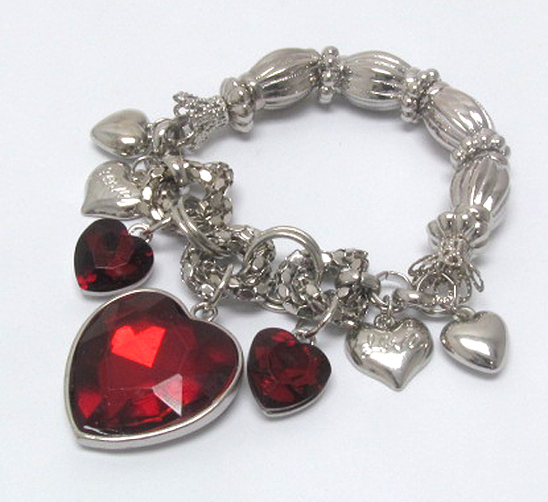 Multi crystal heart charm dangle stretch bracelet -valentine