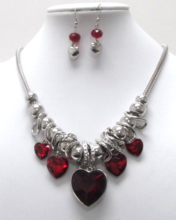 Multi crystal heart charm dangle necklace earring set -valentine