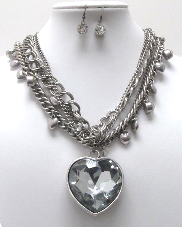 Extra large sole crystal heart charm dangle premium chain necklace earring set -valentine