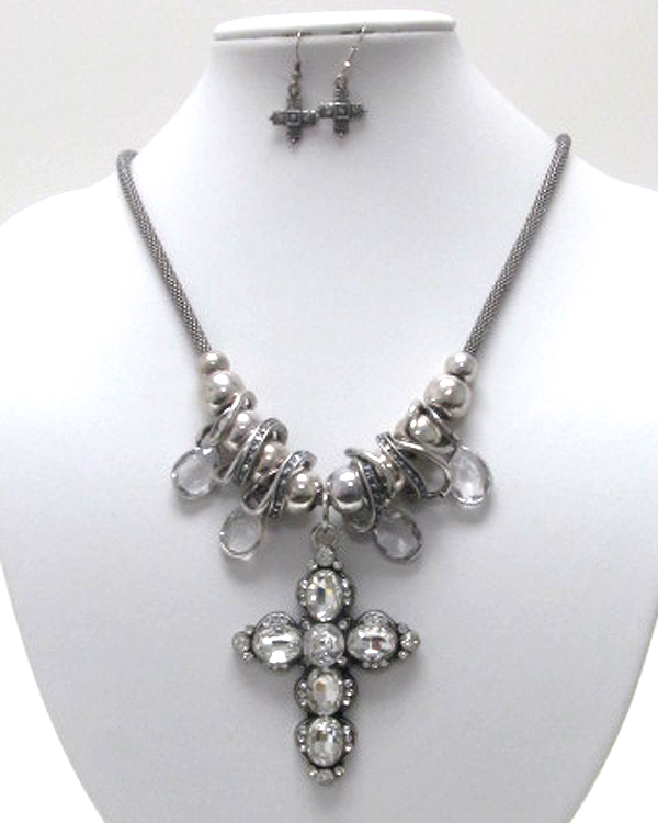 Sole luxury crystal cross charm dangle necklace earring set