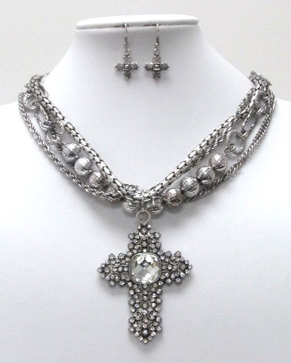 Sole luxury crystal cross charm dangle premium chain necklace earring set