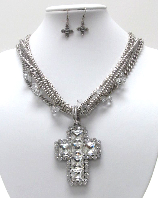 Sole luxury crystal cross charm dangle premium chain necklace earring set