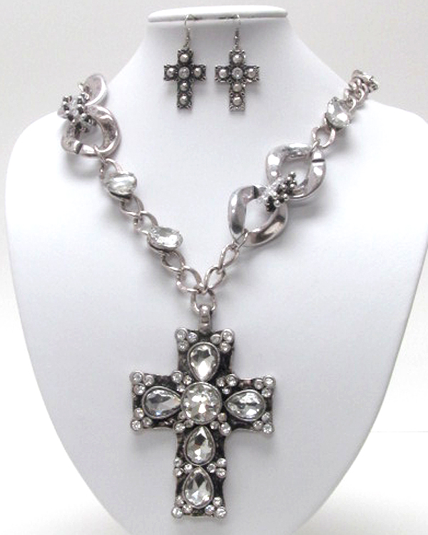 Sole luxury crystal cross charm dangle necklace earring set