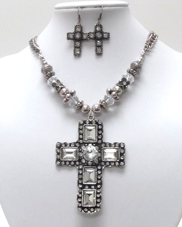 Sole luxury crystal cross charm dangle necklace earring set