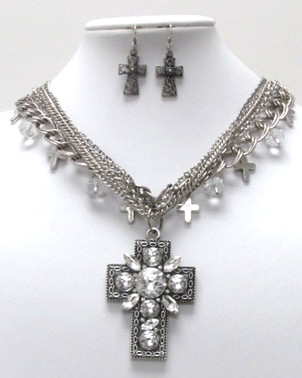 Sole luxury crystal cross charm dangle premium chain necklace earring set