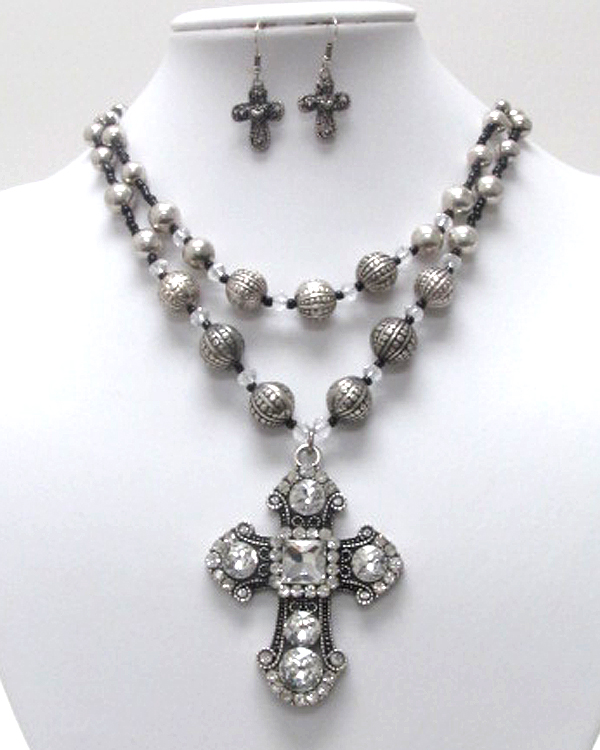 Sole luxury crystal cross charm dangle double layer ball chain necklace earring set