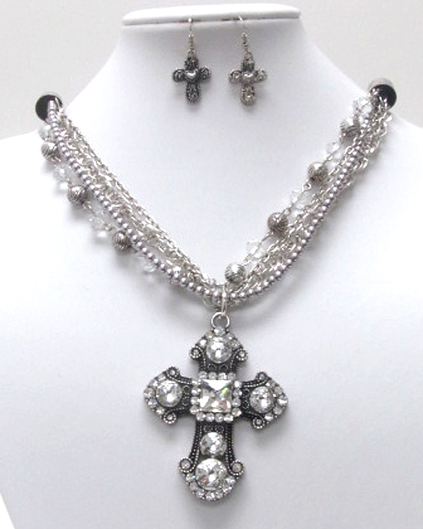 Sole luxury crystal cross charm dangle premium chain necklace earring set