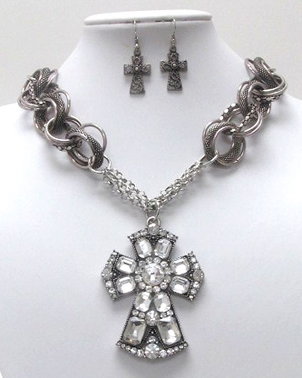 Sole luxury crystal cross charm dangle premium chain necklace earring set