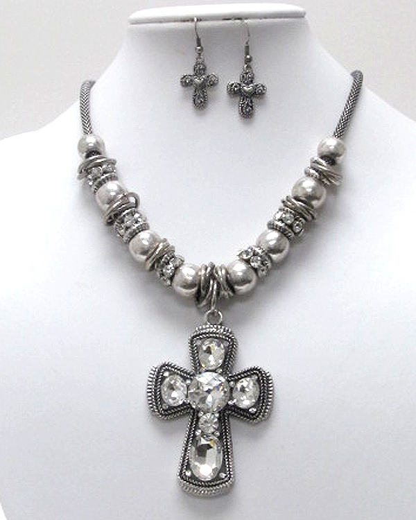 Sole luxury crystal cross charm dangle necklace earring set