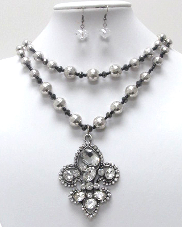 Sole luxury crystal fleur de lis charm dangle double layer ball chain necklace earring set