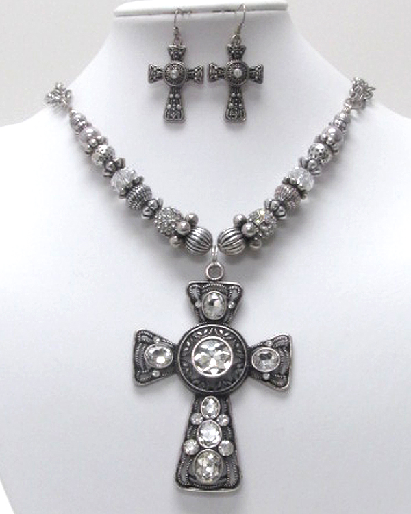 Sole luxury crystal cross charm dangle necklace earring set