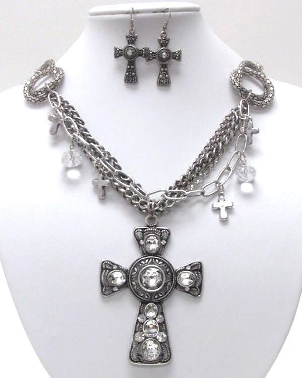 Sole luxury crystal cross charm dangle premium chain necklace earring set