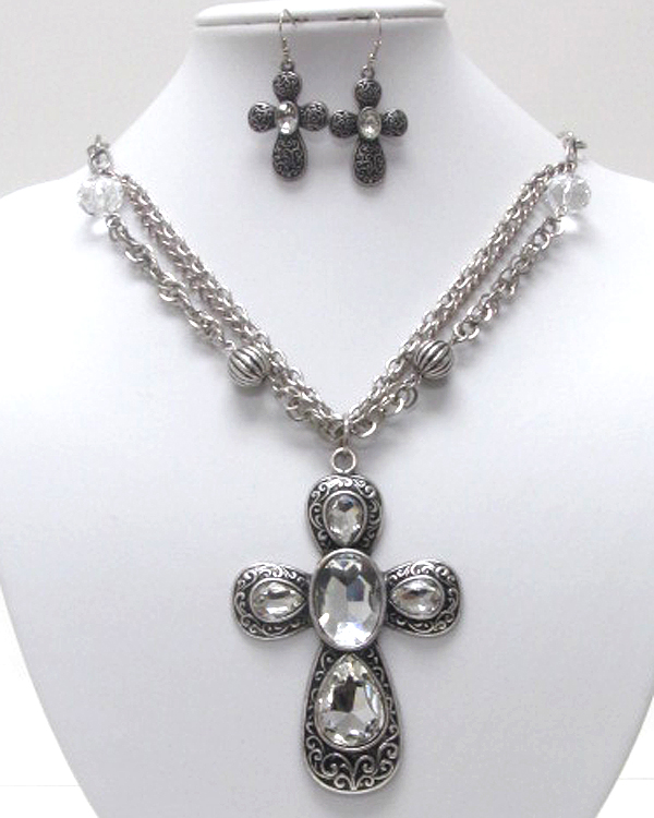 Sole luxury crystal cross charm dangle premium chain necklace earring set