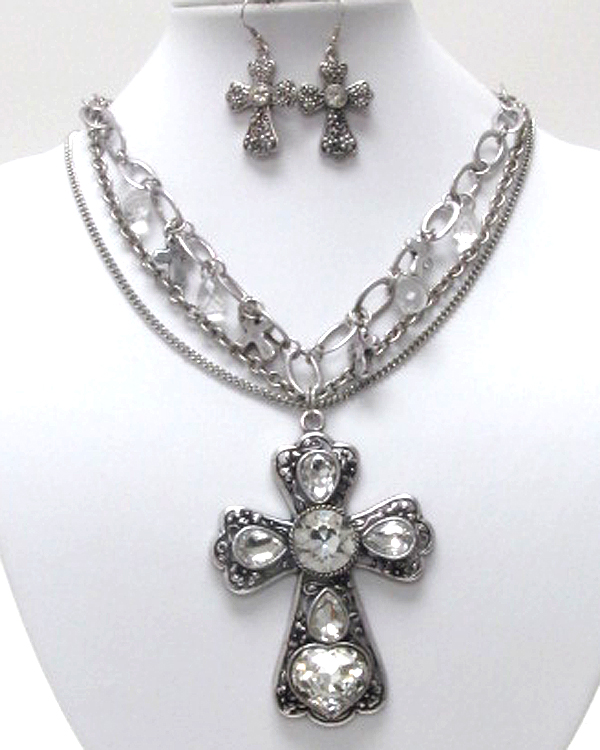 Sole luxury crystal cross charm dangle premium chain necklace earring set