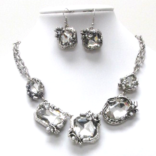 Luxury five mixed shape crystal stone link necklace earring set