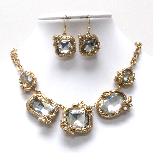 Luxury five mixed shape crystal stone link necklace earring set